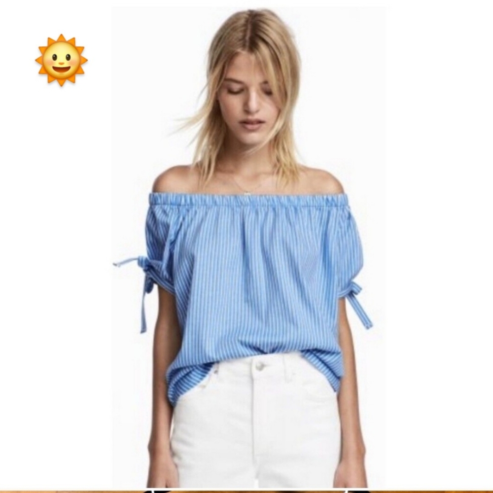 H&M OFF THE SHOULDER BLOUSE white/light blue striped size 6